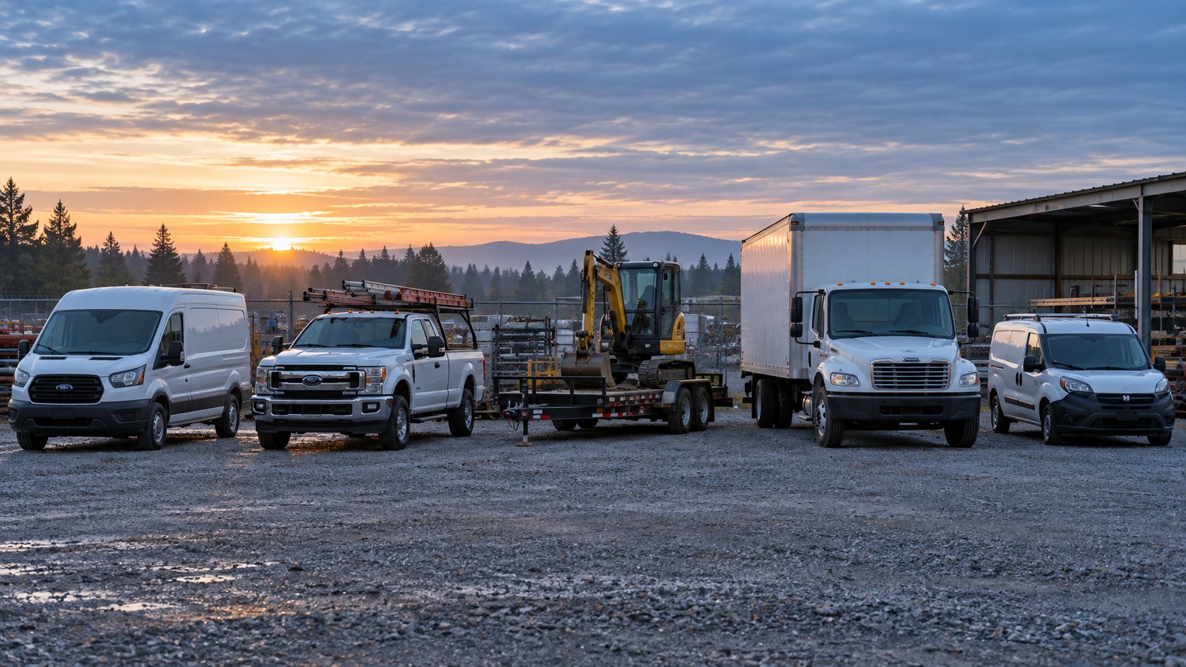 Five different service vehicles parked in a row in a gravel contractor yard at sunrise: a cargo van, a pickup truck with a ladder rack, a flatbed trailer carrying a mini excavator, a box truck and a compact service van.