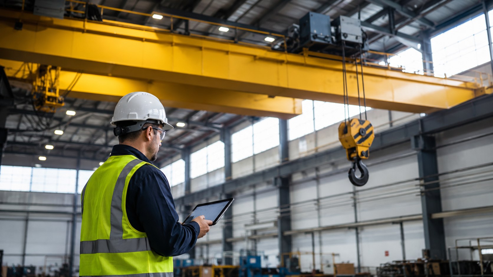 A crane service technician in a hard hat and hi-vis vest on the floor of an industrial bay, reviewing an inspection on a tablet beneath a large yellow overhead bridge crane.