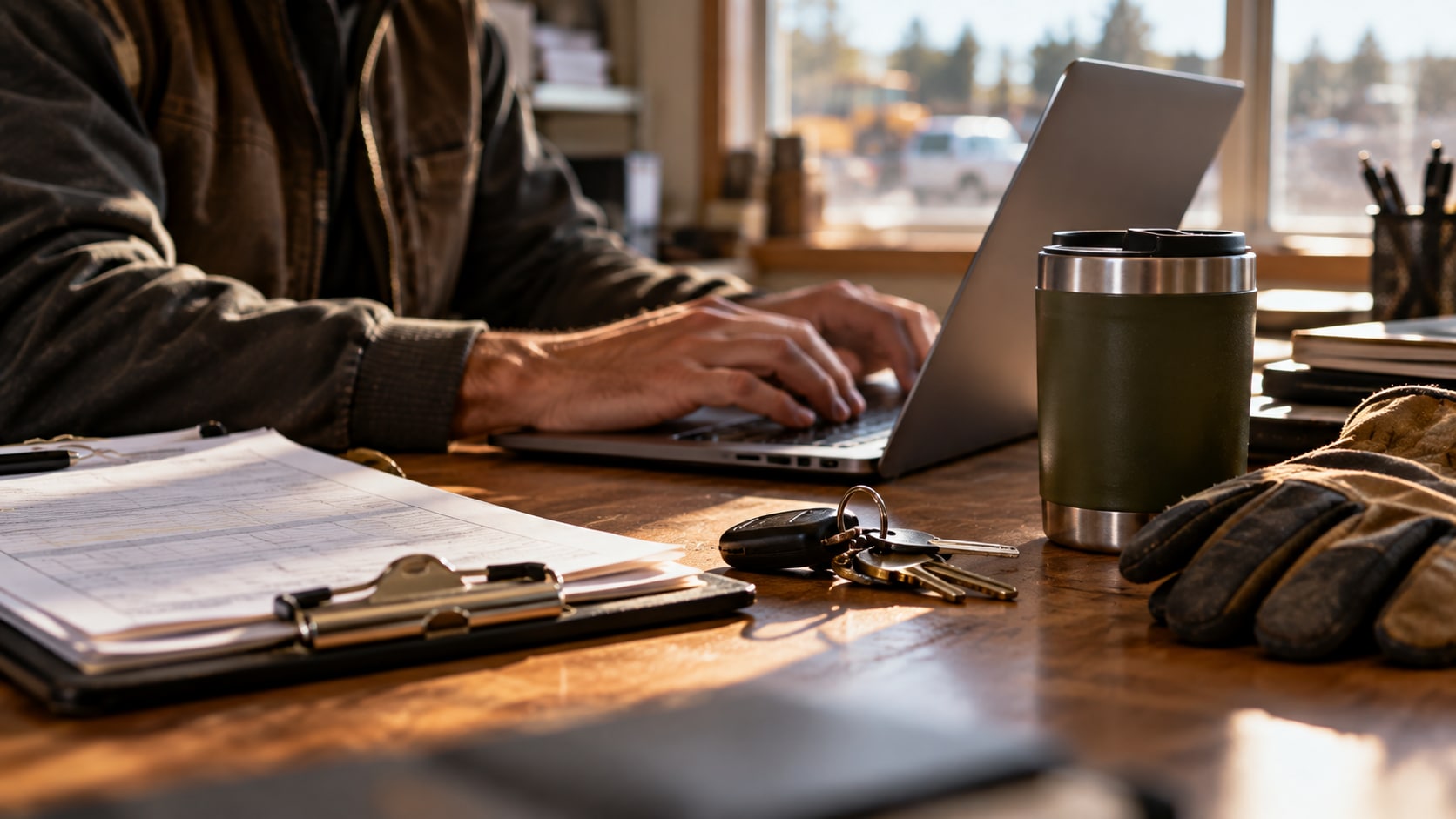 Close-up of a trades office desk in warm daylight: hands typing on a laptop beside a clipboard of work orders, a set of truck keys, a travel mug and a pair of work gloves.