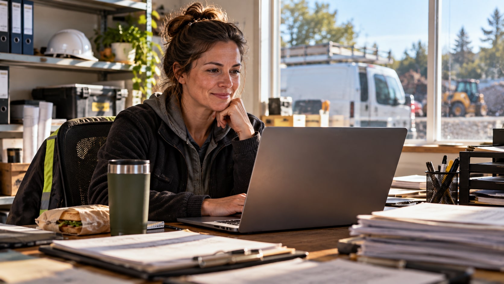 An office manager at a busy trades company desk smiles as she reviews her laptop at midday, a wrapped sandwich and travel mug beside the keyboard, stacks of work orders on the desk, a hard hat on the shelf and a work van outside the window.