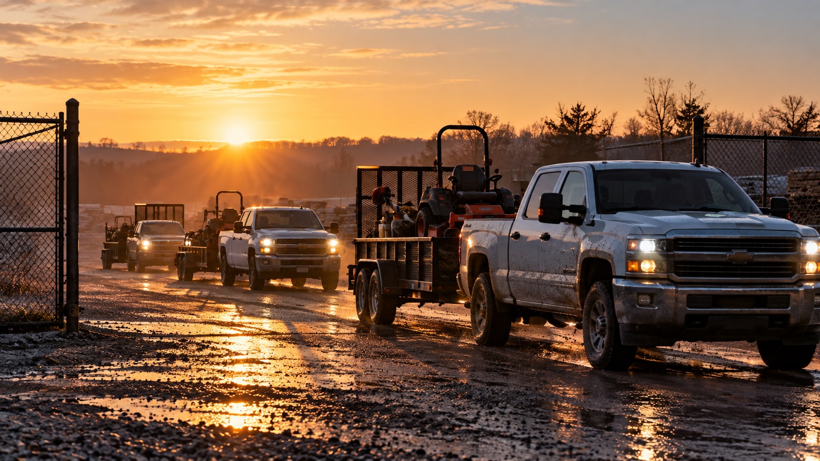 Three pickup trucks towing landscape trailers loaded with mowers pull out through an open chain-link yard gate at sunrise, headlights on, long shadows across wet gravel.
