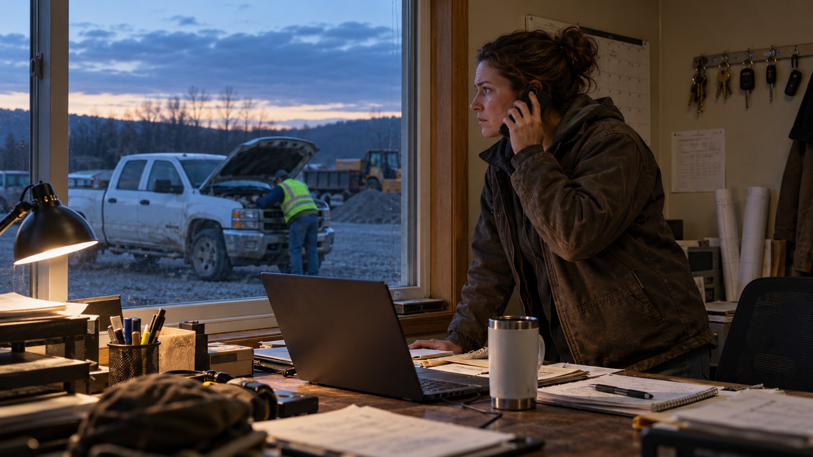 A dispatcher in a work jacket stands at a cluttered desk in a small shop office at dawn, phone to her ear, looking out the window at a white pickup truck in the gravel yard with its hood up and a crew member in a hi-vis vest leaning over the engine.