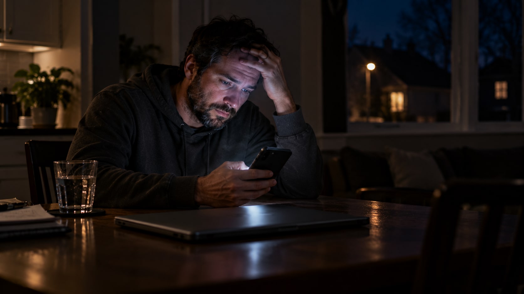 A small business owner in a hoodie sits at a dark kitchen table late at night, his face lit by the phone in his hand, his other hand pressed to his forehead, a closed laptop and a glass of water in front of him.