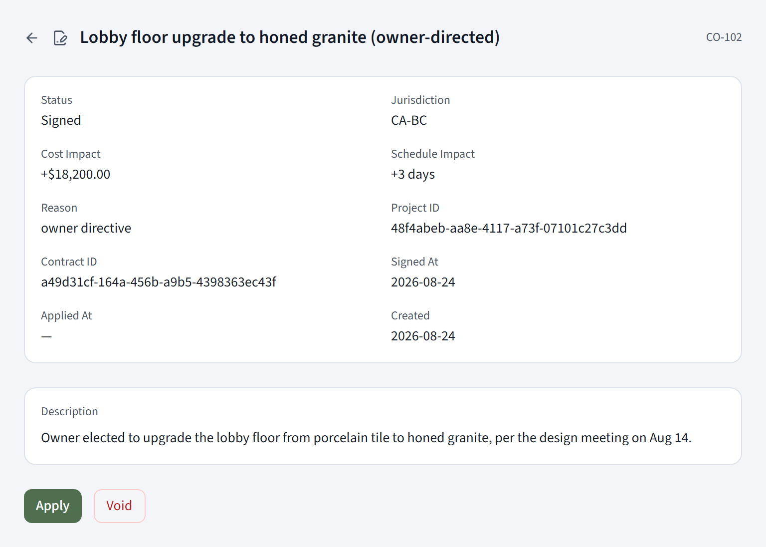 The same change order after the owner has signed. Signed At is stamped and the Apply button is now available.