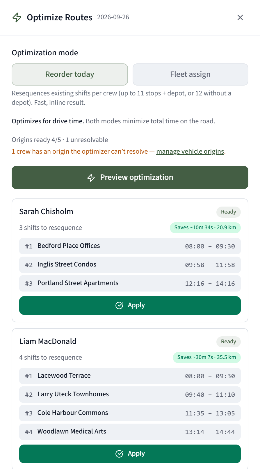 A Reorder today preview listing each crew's new stop order with the drive time and distance it saves and an Apply button per crew.
