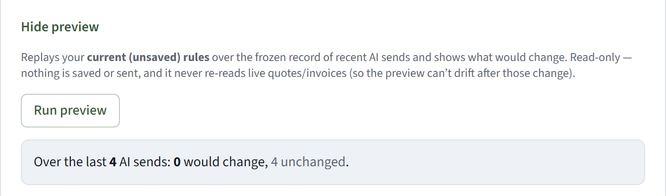 The Message send policy preview area with a Run preview button and the result: over the last 4 AI sends, 0 would change and 4 unchanged.