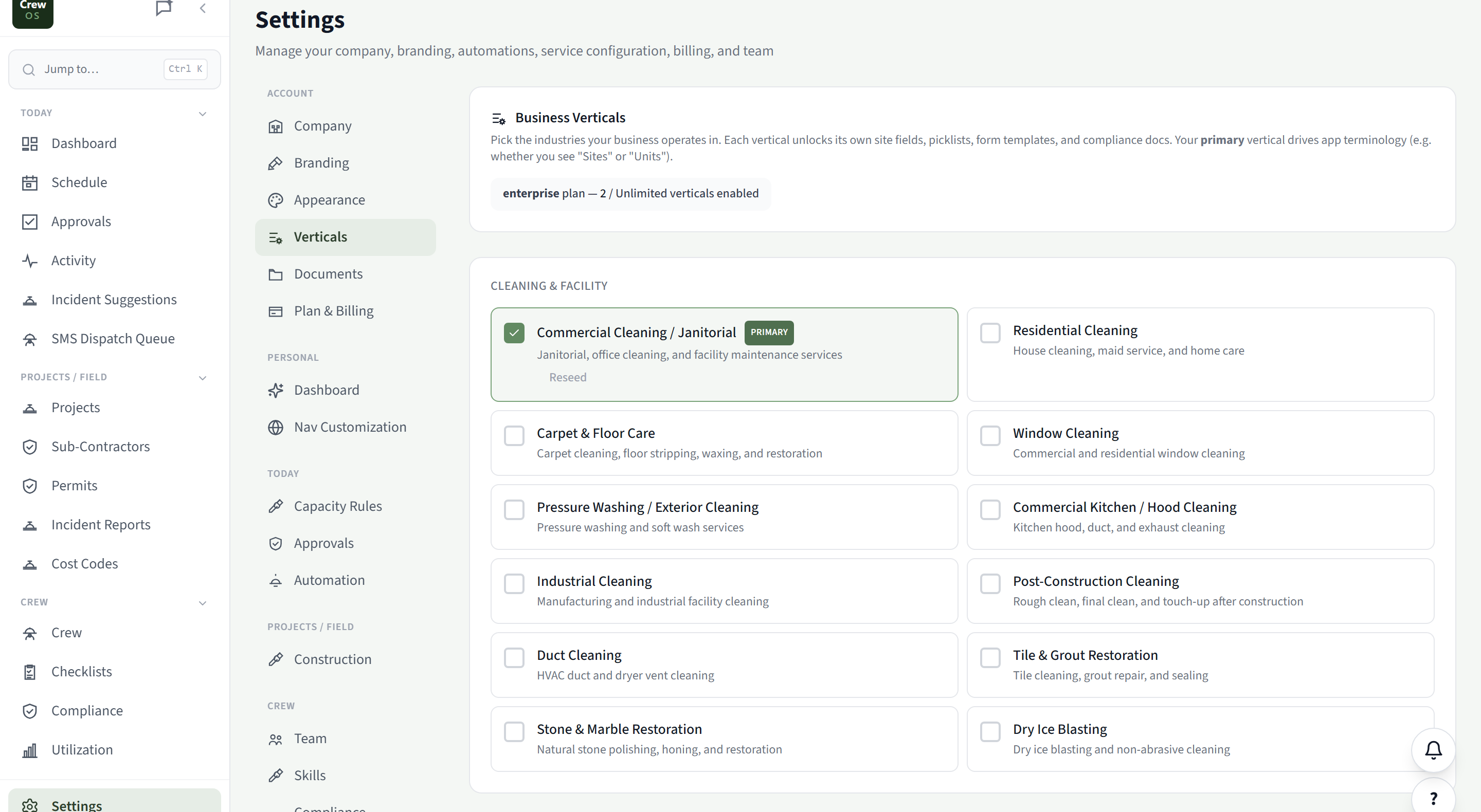 The CrewOS Business Verticals setting: a picker of industry templates grouped by family, with Commercial Cleaning / Janitorial selected as the primary vertical.