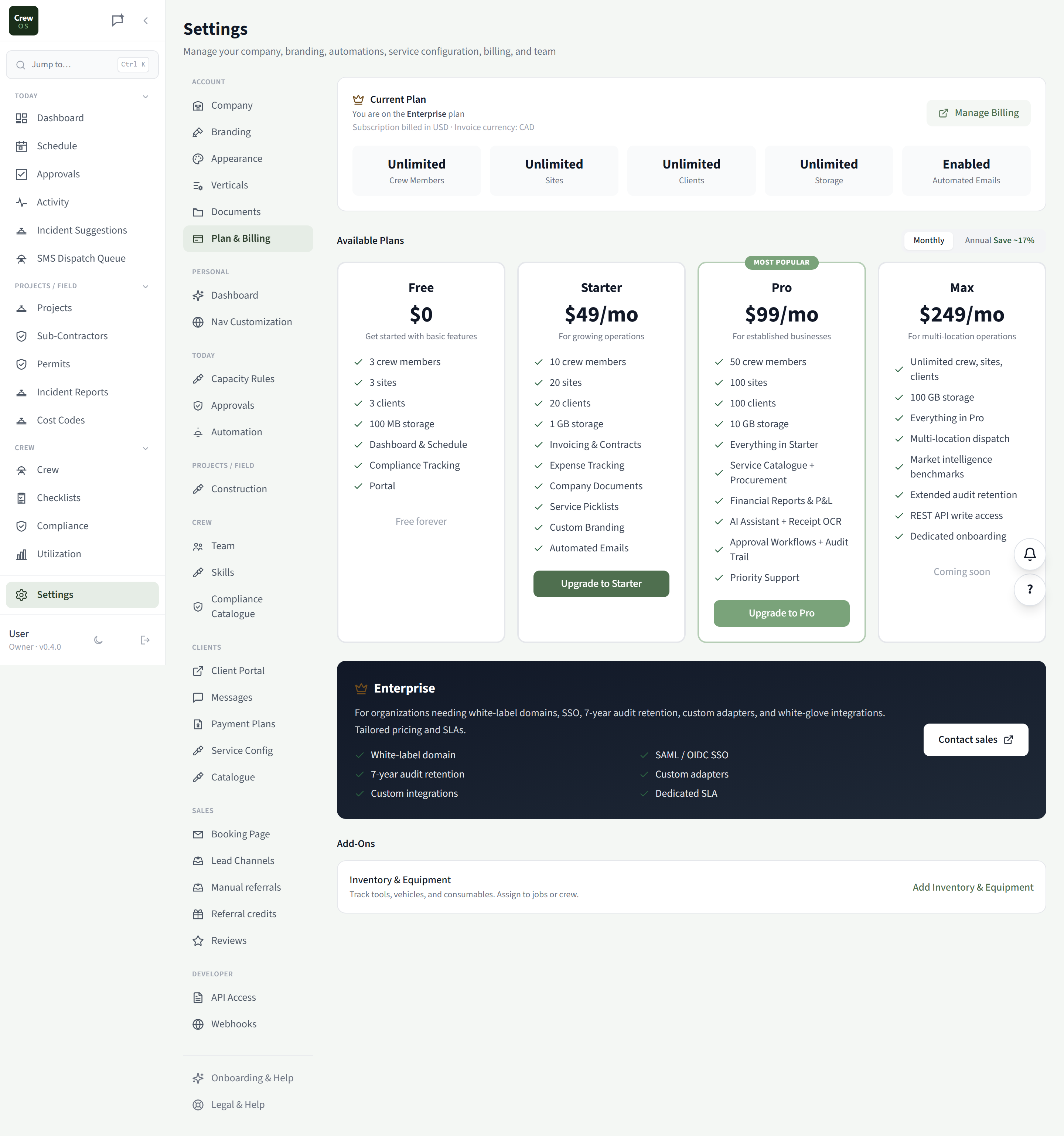 CrewOS Plan & Billing